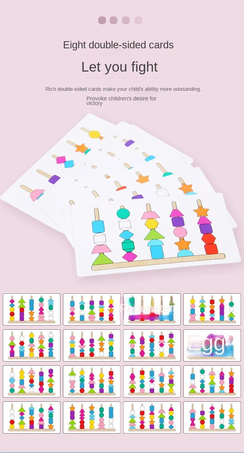 Eight double-sided cards for a Montessori wooden shape and color sorting toy set