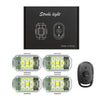 A set of five green LED strobe lights packaged in a black box with an included remote control.