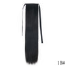 Long, straight black hair extension in a ponytail with a wrap-around clip for women