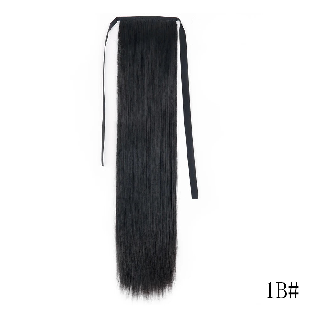 Long, straight black hair extension in a ponytail with a wrap-around clip for women