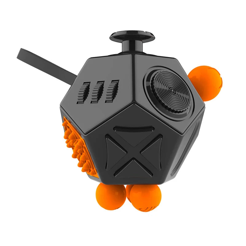Cubo fidget arcoíris negro con detalles naranjas, diseño geométrico y mecanismo interno visible.