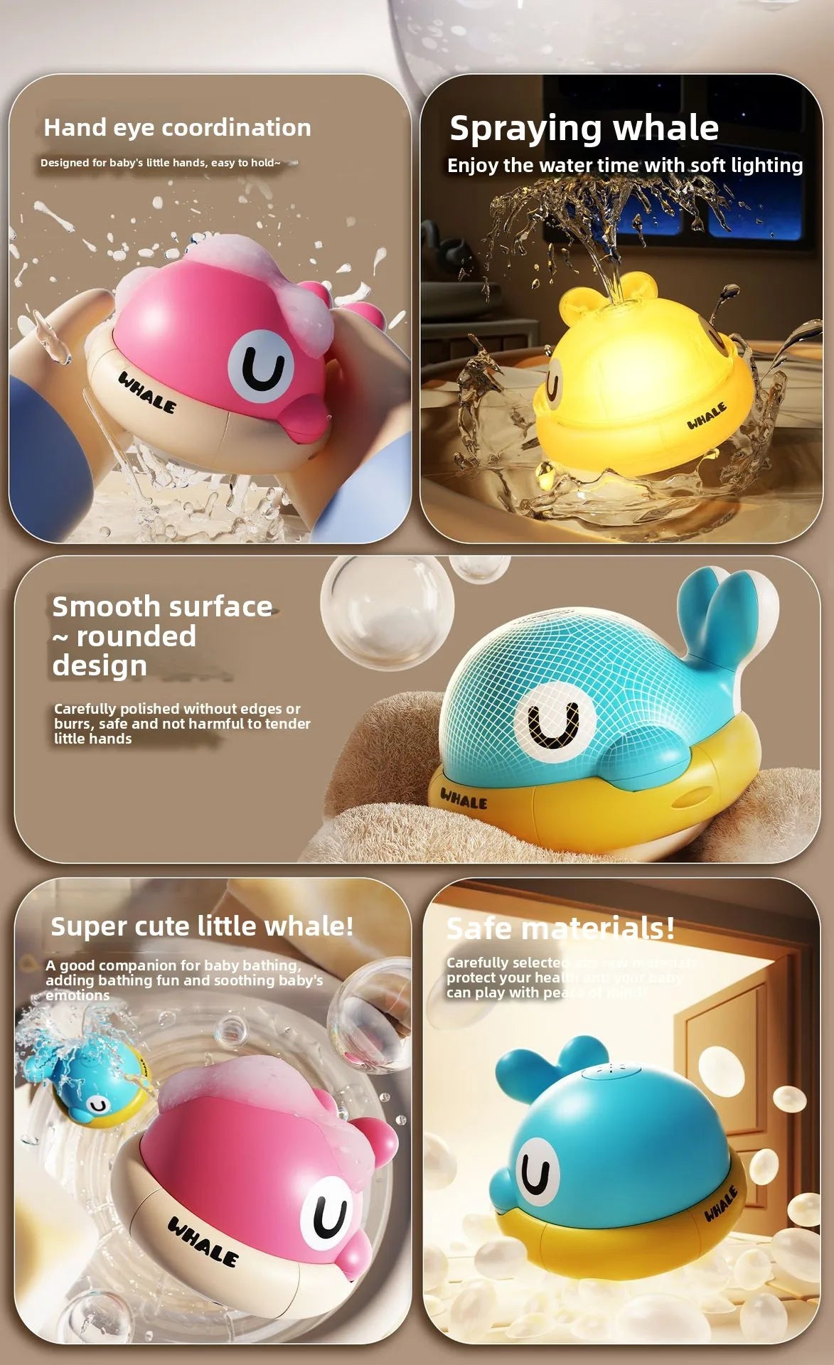 A yellow and pink whale bath toy designed for baby, featuring a light-up feature and water spray.