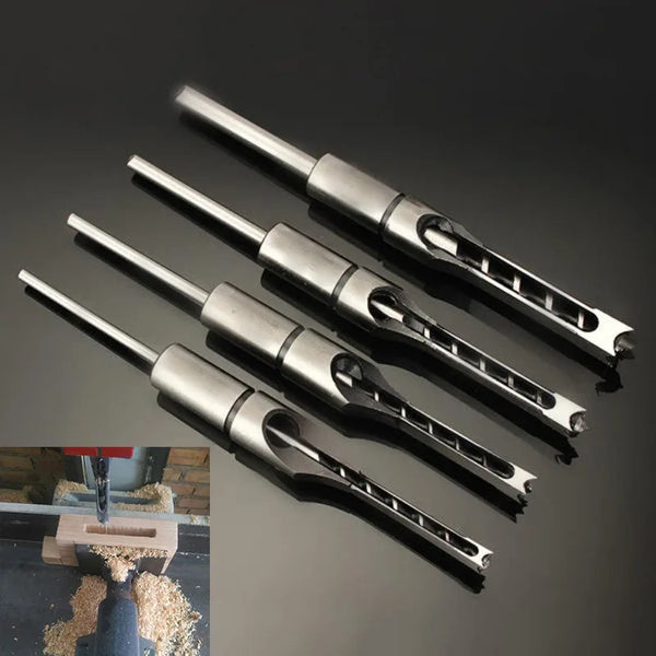 A set of square hole mortising chisels with silver handles and blades shown against a dark background.
