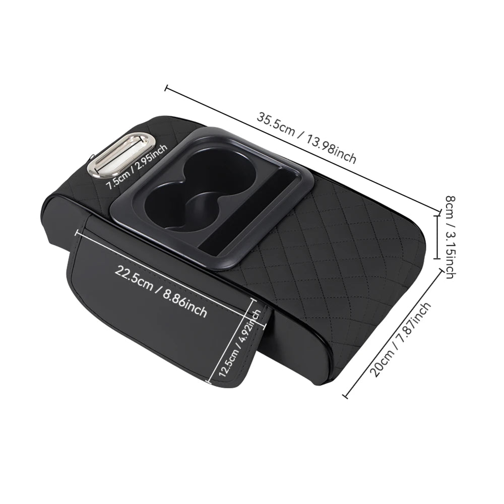 Black car center console organizer with armrest cushion and cup holder features various sized compartments.