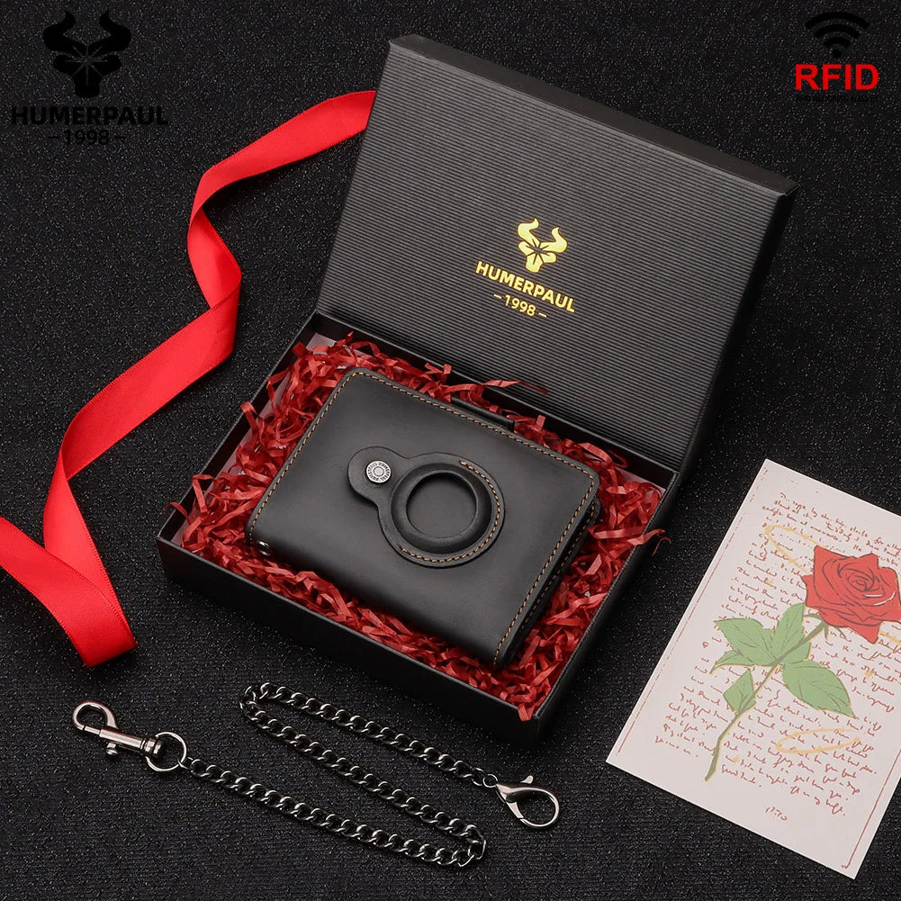 A black leather smart wallet with an RFID blocking feature is displayed in a box, surrounded by red shredded material and a r