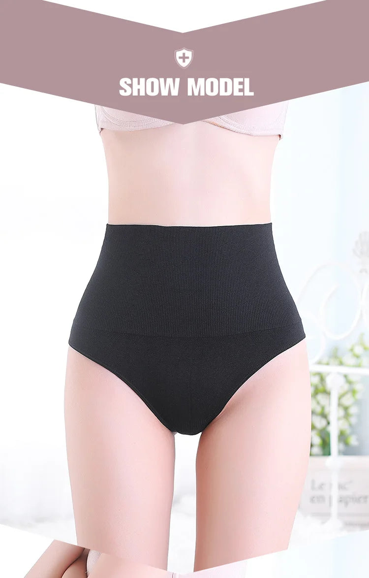 A model wearing black high-waist tummy control butt lifter thong shaper underwear.