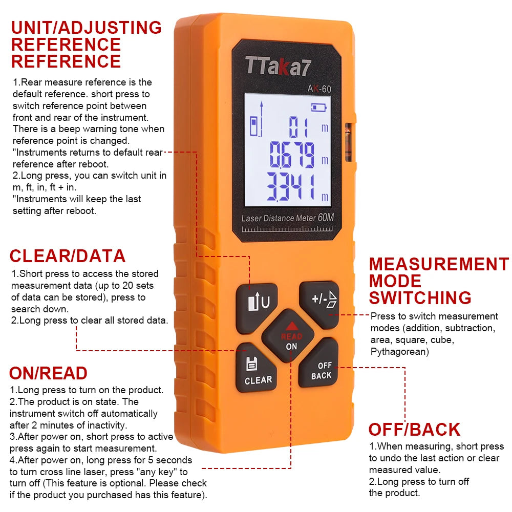 Orange TTa7 laser distance meter with a digital display and various operation modes listed on the side.