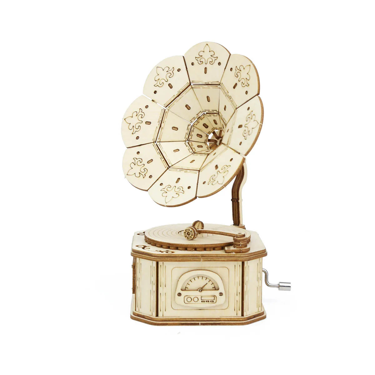 Tre-grammofon musikkboks puslespill med blomsterformet topp og base.