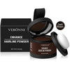A black compact of Veronni Enhance Hairline Powder with a dark brown eyeshadow pan and applicator.
