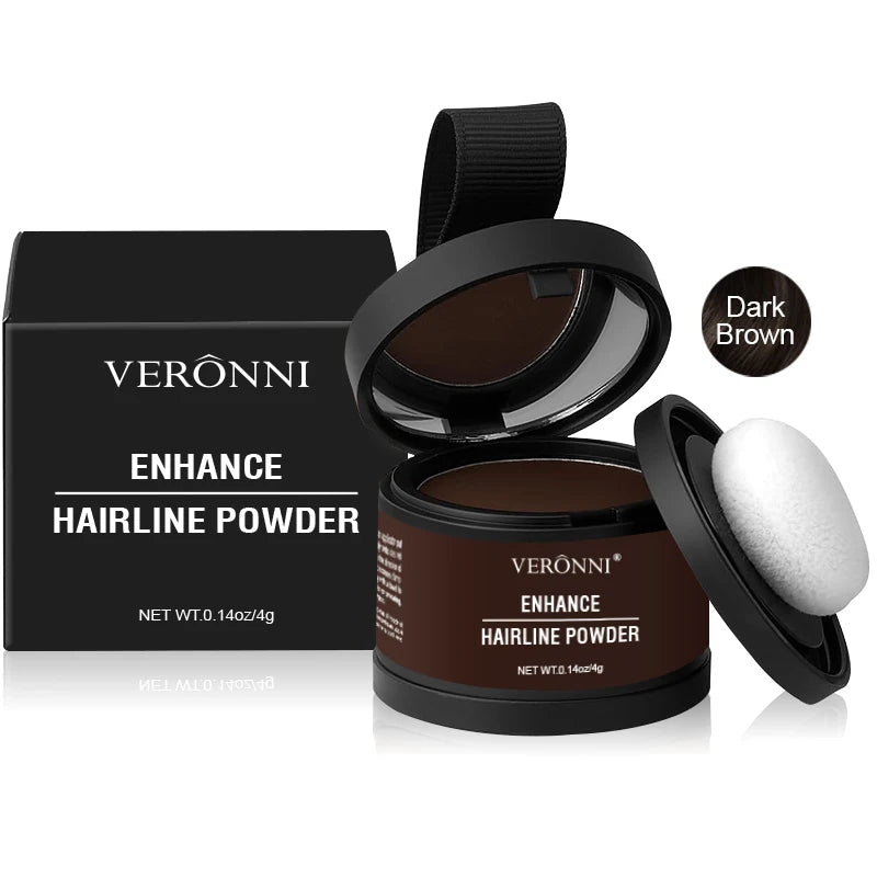A black compact of Veronni Enhance Hairline Powder with a dark brown eyeshadow pan and applicator.