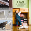 Three ways to install magnetic cabinet safety locks shown on a wooden cabinet and drawer.