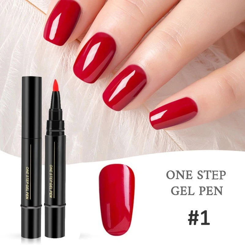 A hand displays red nail art using a black gel pen, showing the application and finished manicure.