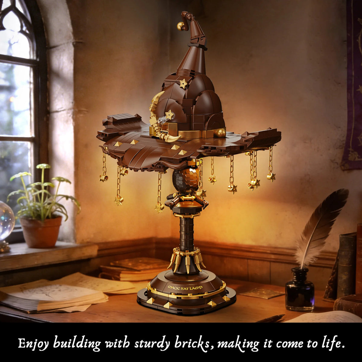 A dark brown sculpture block set shaped like a crown or helmet sits on a stand in a rustic indoor setting.