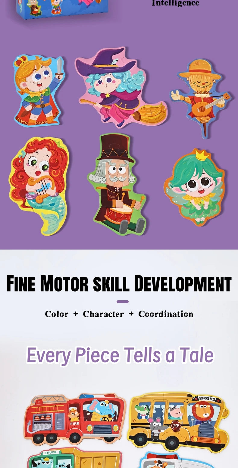 A colorful set of six character puzzles designed for fine motor skill development and coordination.