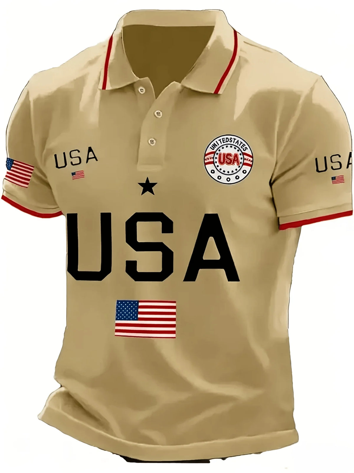 En polo med kort ermer i beige farge med USA-emblem og patriotiske design.