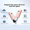 A pink 4-in-1 USB 3.0 flash drive with Type-C and Micro USB adapters shown with various file management icons.