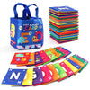 A stack of colorful alphabet and number flash cards stored in a blue fabric bag.