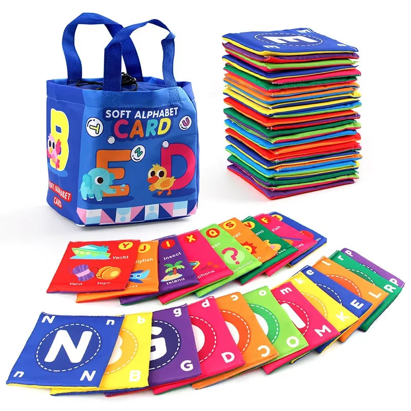 A stack of colorful alphabet and number flash cards stored in a blue fabric bag.