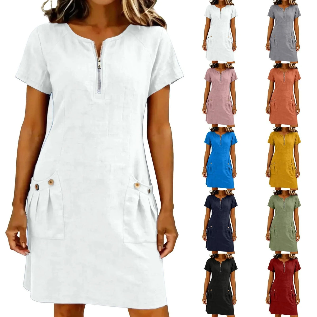 A white lightweight cotton-linen short sleeve dress with pockets shown on a model.