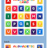 A set of colorful alphabet flash cards and number cards stored in a blue fabric bag.