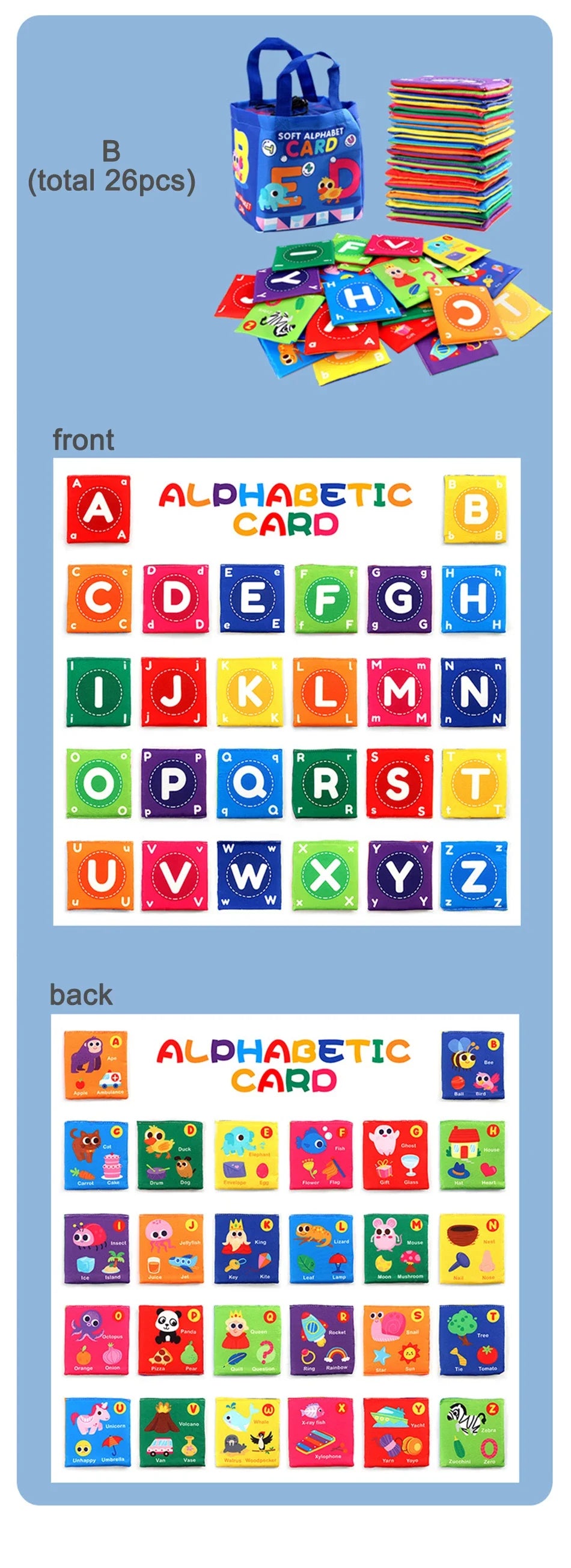 A set of colorful alphabet flash cards and number cards stored in a blue fabric bag.