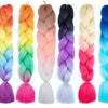 A display of jumbo braid hair extensions in various pastel and vibrant gradient colors.
