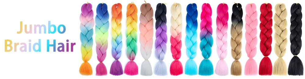 A display of jumbo braid hair extensions in various pastel and vibrant gradient colors.