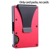 A red slim RFID-blocking wallet with a black removable money clip shown from the side.