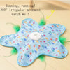 Light blue motion-activated cat toy shaped like a star with green feathers