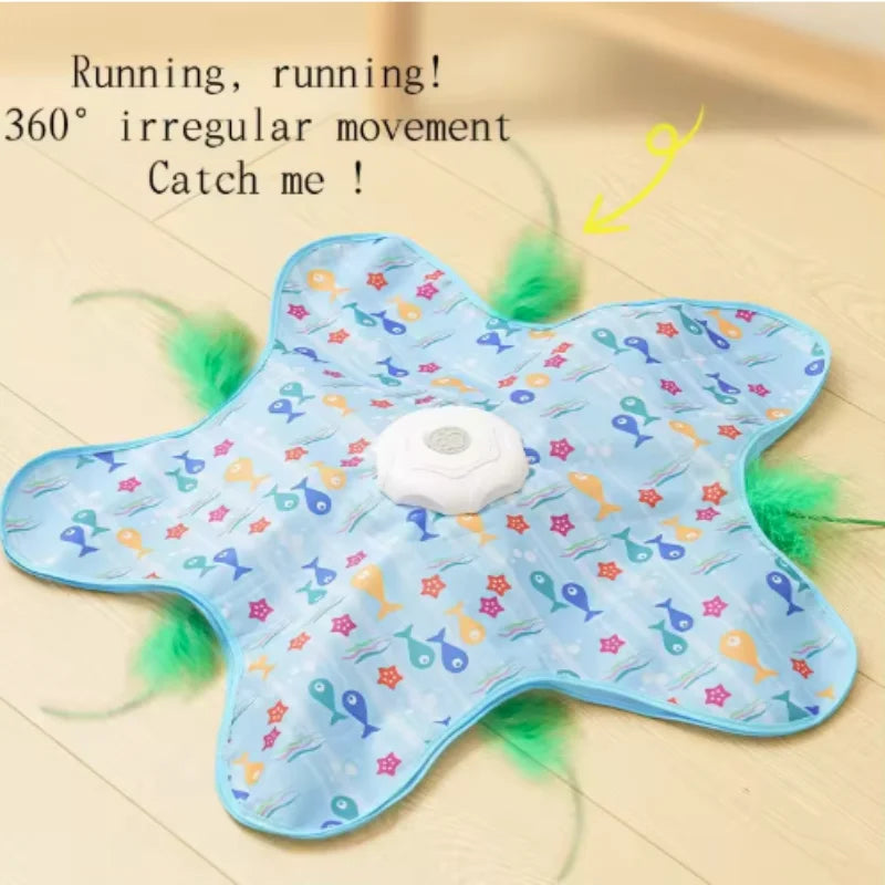 Light blue motion-activated cat toy shaped like a star with green feathers
