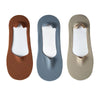 Three pairs of men's no-show socks with silicone grip in brown, blue, and beige colors.