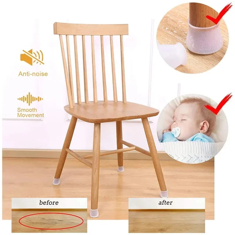 A wooden chair with silicone leg pads and felt bottoms shown in before and after comparisons.