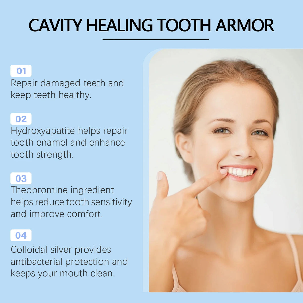 A woman points to her healthy smile while a diagram explains the benefits of Cavity Healing Tooth Armor.