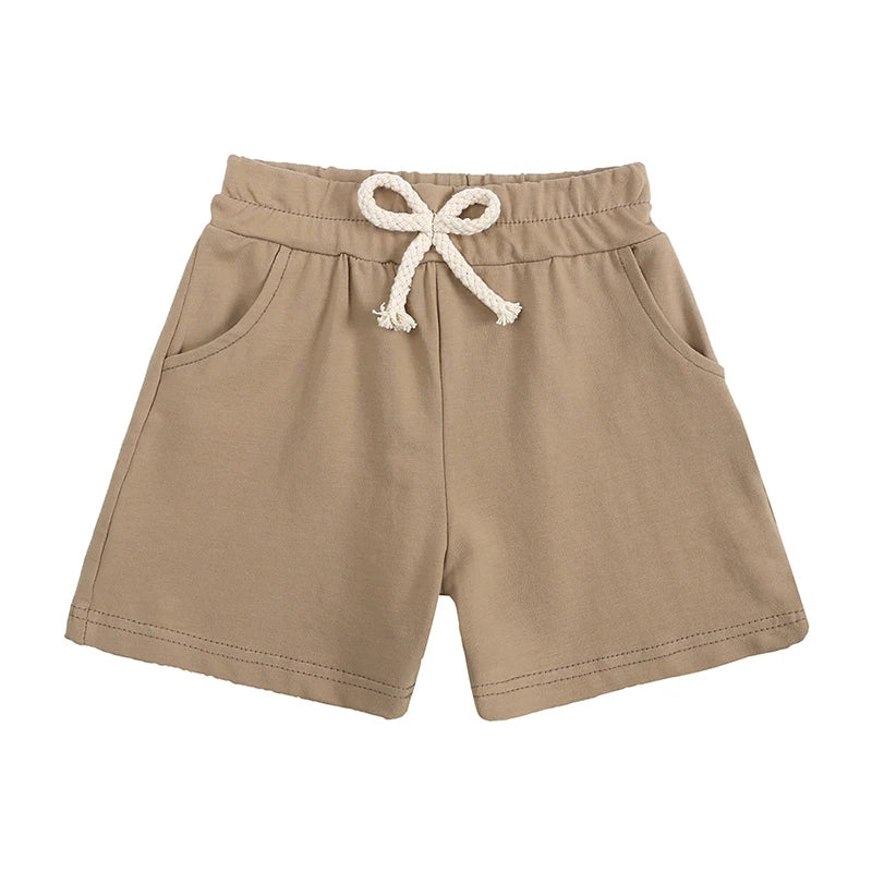 Tan kids summer tracksuit set featuring shorts with a drawstring waist
