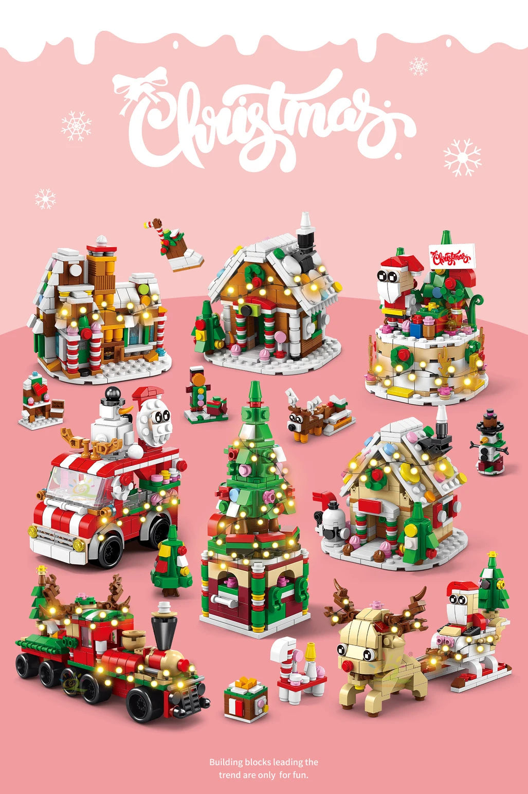 A set of Christmas building blocks featuring a snow house, Santa, and deer figures.