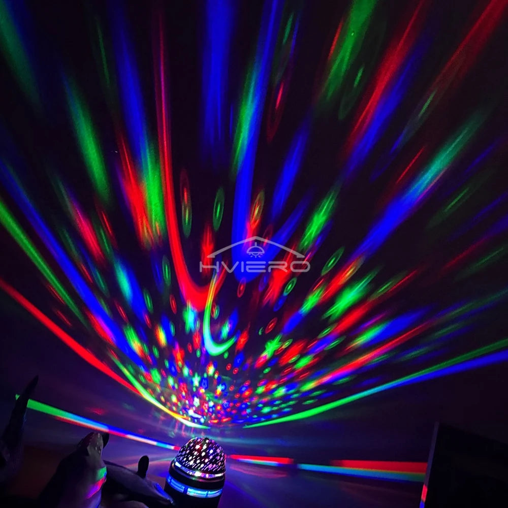 A close-up shot of a starry night light projector casting colorful, swirling nebula patterns onto a surface.