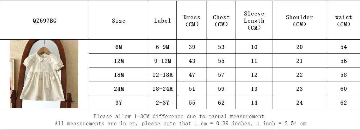 Size chart for a girls summer floral embroidered dress showing measurements for various ages