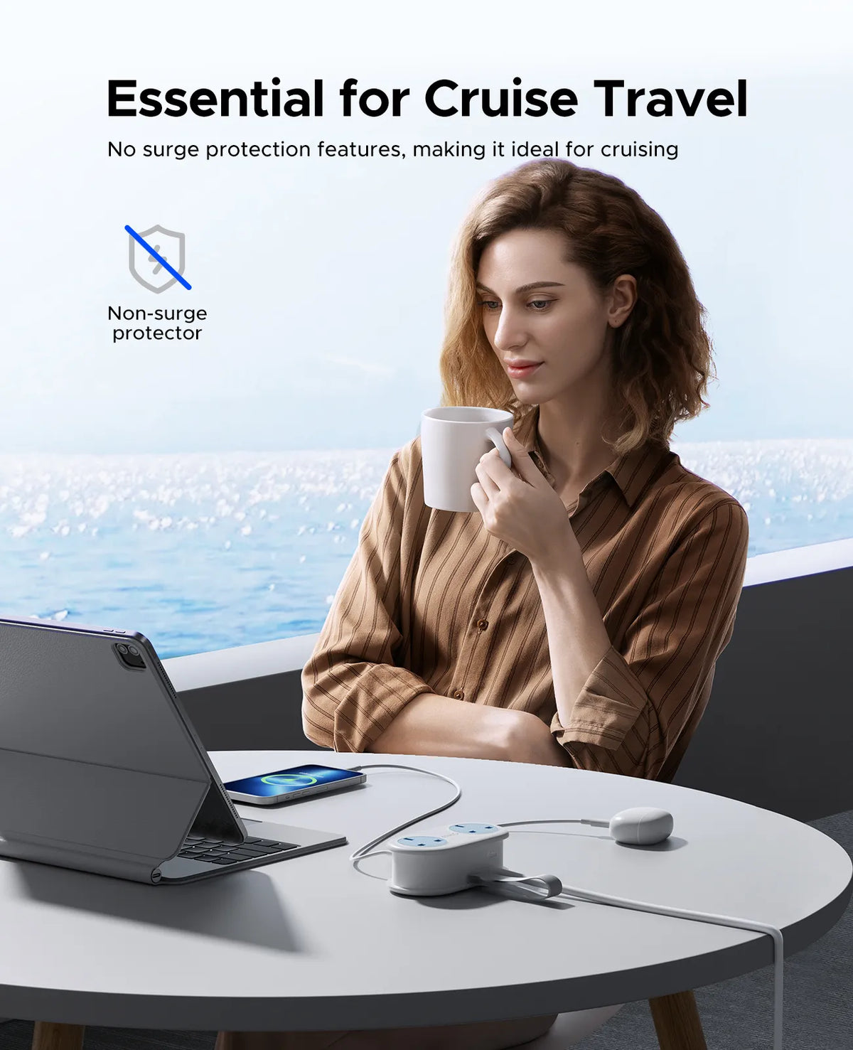 A woman on a cruise ship balcony is using a compact travel power strip with AC and USB outlets.