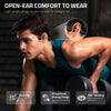 Open-ear comfort headphones shown on a man exercising, highlighting lightweight design and 360 degree bending.
