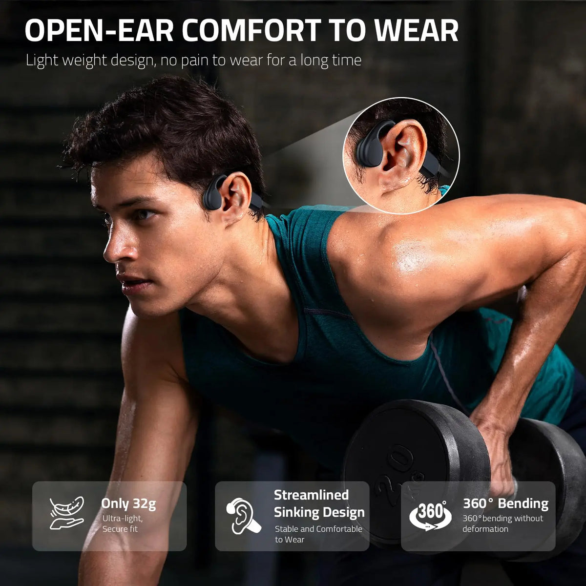 Open-ear comfort headphones shown on a man exercising, highlighting lightweight design and 360 degree bending.