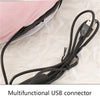 A black multifunctional USB connector cable lying on a white, fluffy surface next to a pink fleece cover.