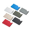 A collection of five slim RFID-blocking wallets in various colors including blue, white, olive green, beige, and black.
