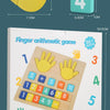 A wooden finger arithmetic game set showing numbers 1 through 5 and corresponding handprints for children's learning.