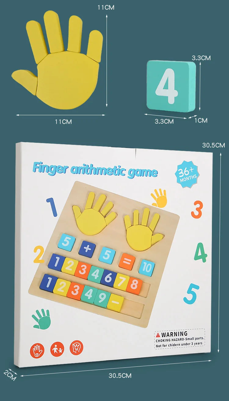 A wooden finger arithmetic game set showing numbers 1 through 5 and corresponding handprints for children's learning.