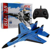 A model SU-35 fighter jet remote control plane in blue and black foam, packaged with accessories.
