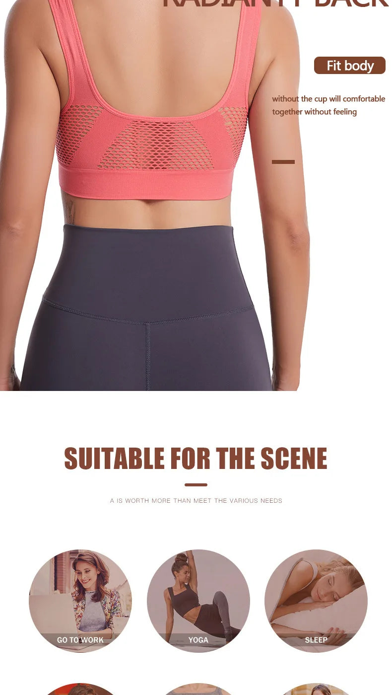 A model wears a pink sports bra and dark gray athletic bottoms, demonstrating fit and comfort.