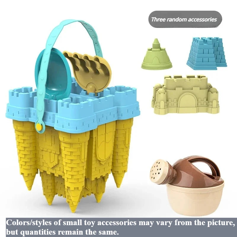 A yellow beach castle sand play set with three random accessories including a green funnel, a light blue castle, and a brown 