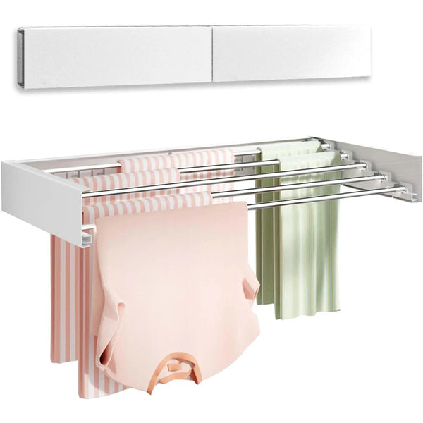 A white wall-mounted retractable clothes drying rack with multiple chrome bars holding pink and green fabric hangers.