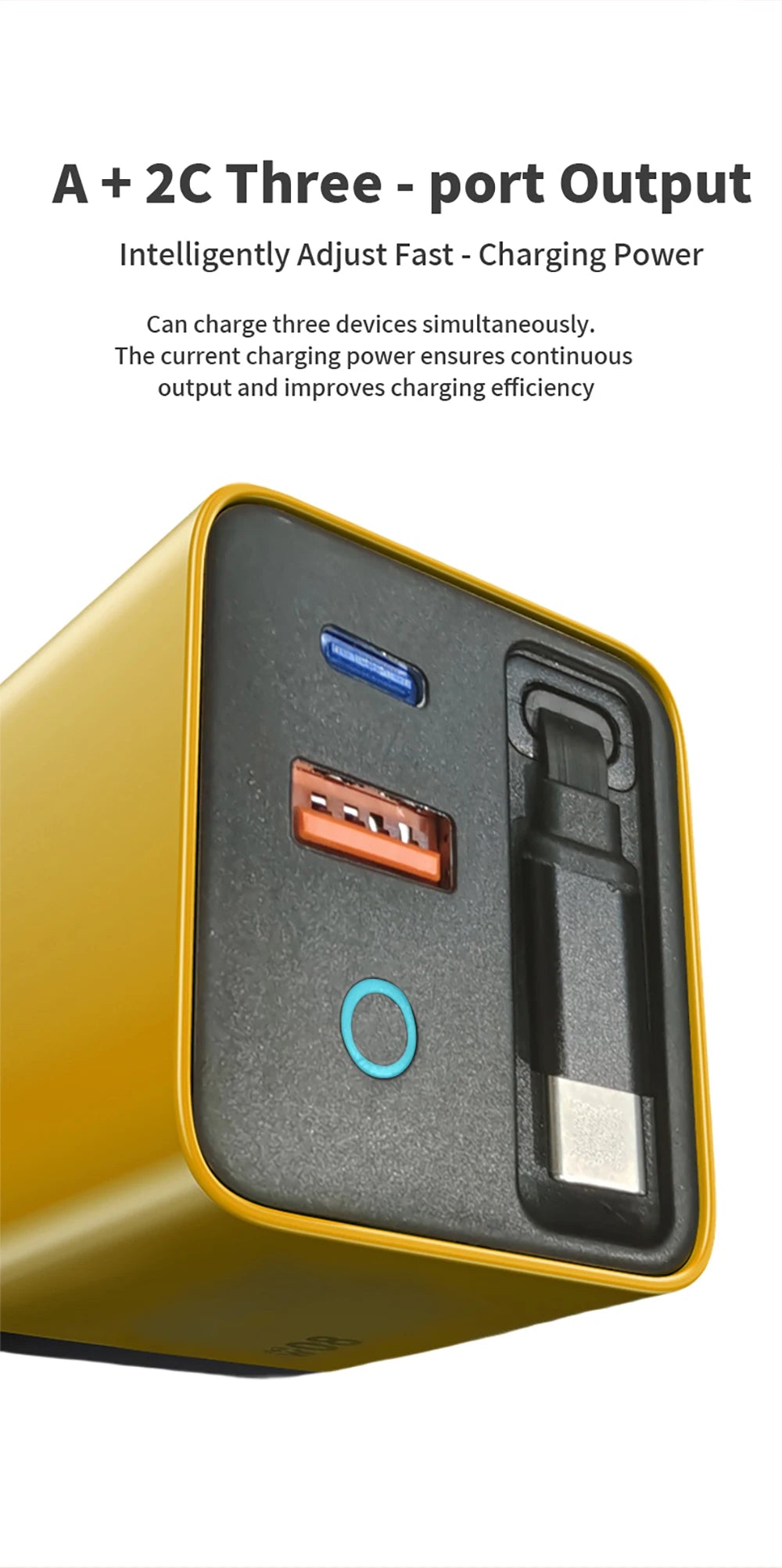 A close-up view of a yellow power adapter with a black port and a retractable cable inside.
