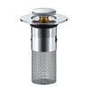 A stainless steel press-type sink drain stopper with a mesh filter and a polished metal cap.